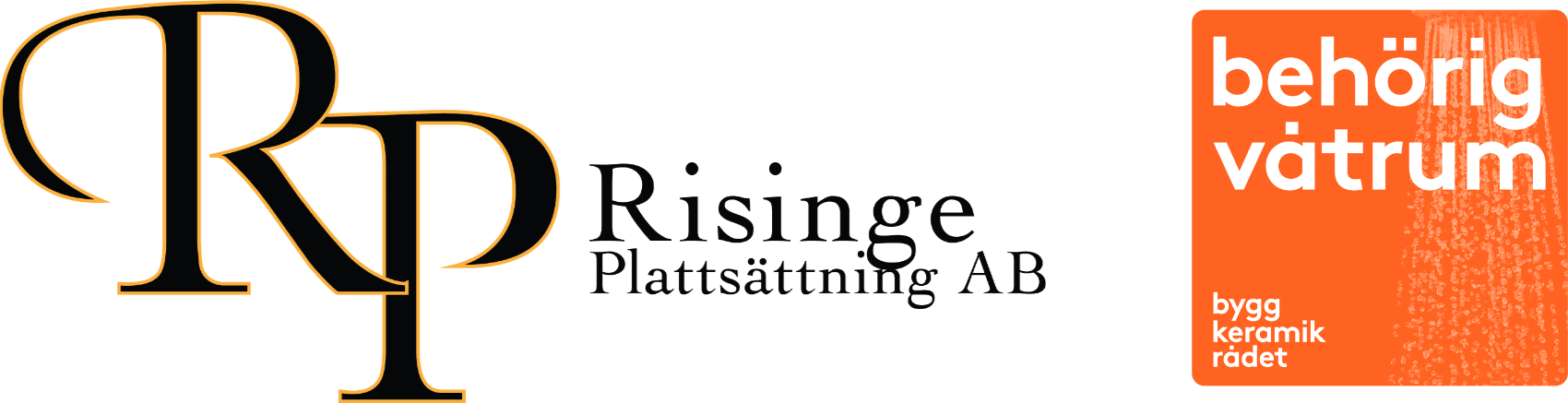 Risinge Plattsättning AB logga med en logga till höger från Byggkeramikrådet som visar att firman har behörighet för våtrum. Home.