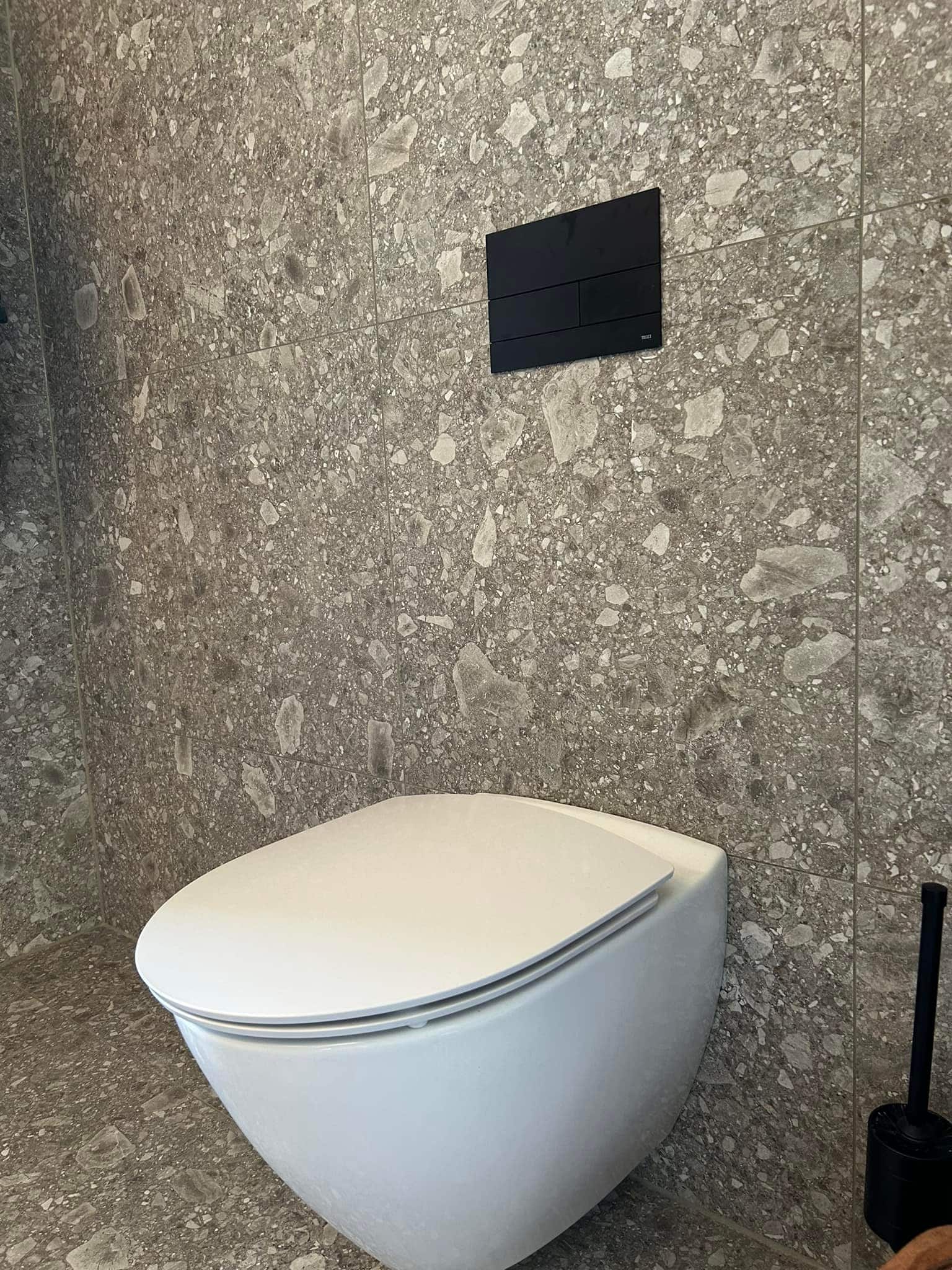 Bild på väggmonterad toalett med spolknapp på väggen.